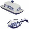 Euro Ceramica Blue Garden Butter Dish And Spoon Rest Home Serveware