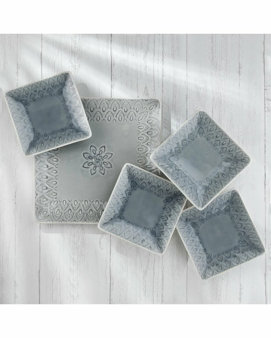 Euro Ceramica Peacock 5pc Square Appetizer Plate Set Home Dinnerware - Image 2