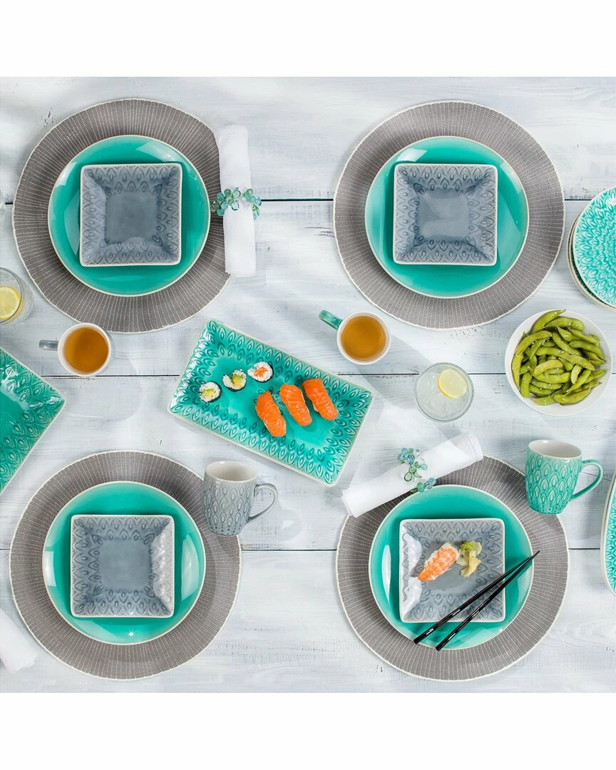 Euro Ceramica Peacock 5pc Square Appetizer Plate Set Home Dinnerware - Image 3